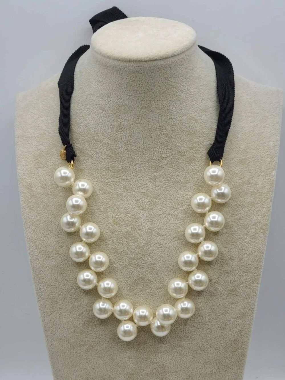 J Crew Faux Pearl Necklace with Black Ribbon Tie